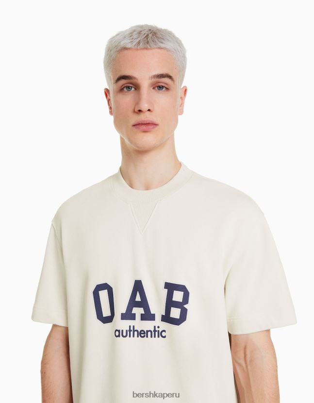 blanquecino Bershka hombres camiseta de manga corta afelpada con estampado universitario 806J6B2765