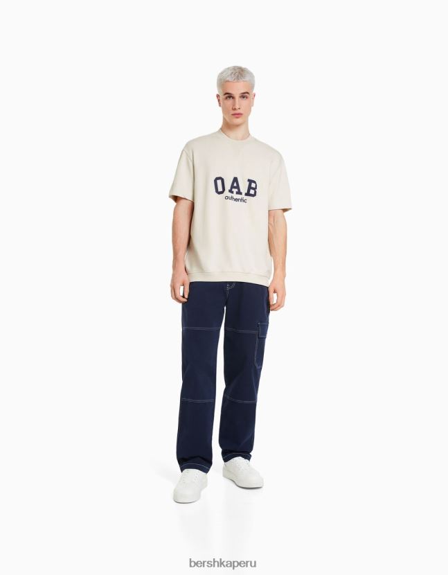 blanquecino Bershka hombres camiseta de manga corta afelpada con estampado universitario 806J6B2765