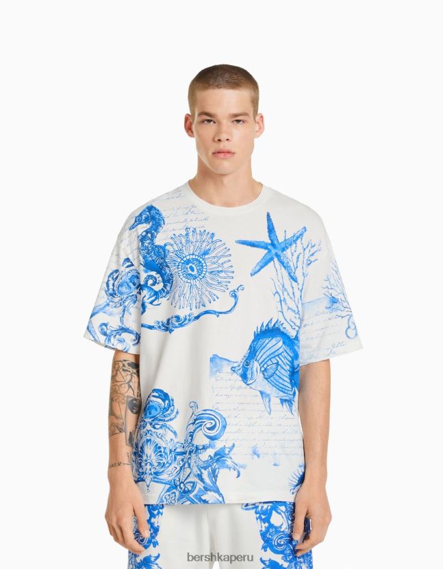 blanquecino Bershka hombres playera de manga corta con estampado boxy fit 806J6B2696