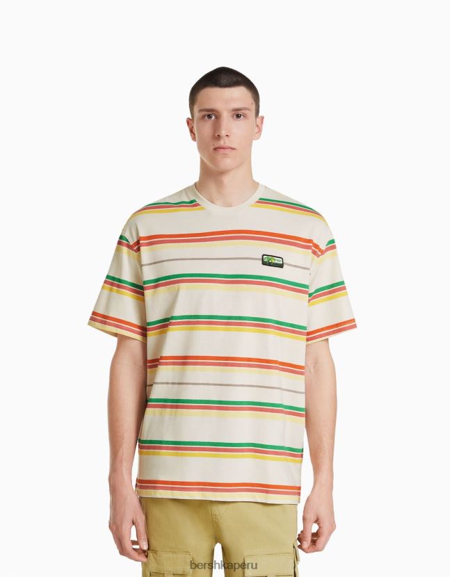 camello Bershka hombres playera de manga corta con corte boxy a rayas 806J6B2715