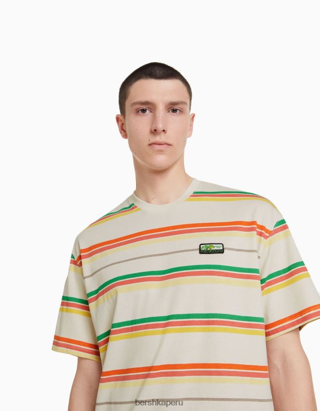 camello Bershka hombres playera de manga corta con corte boxy a rayas 806J6B2715