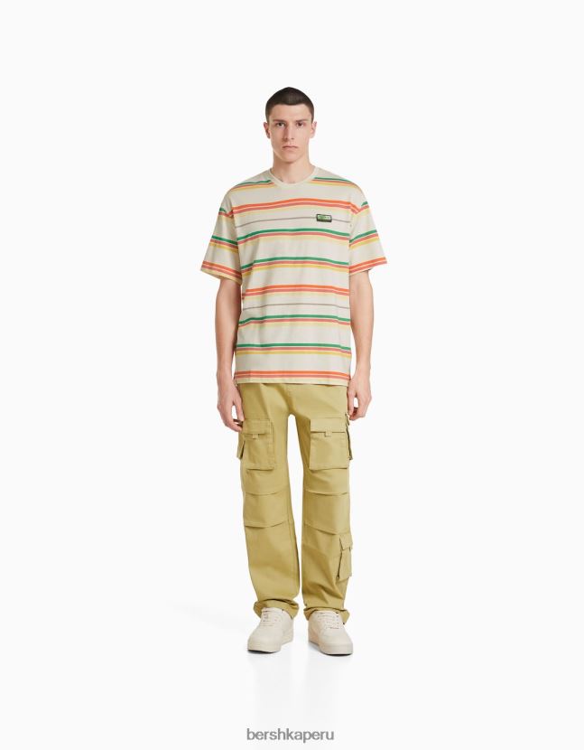 camello Bershka hombres playera de manga corta con corte boxy a rayas 806J6B2715