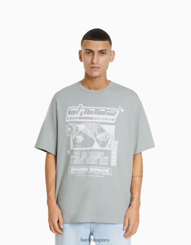 camello Bershka hombres playera de manga corta de corte cuadrado con estampado de anime de los años 90 806J6B2732