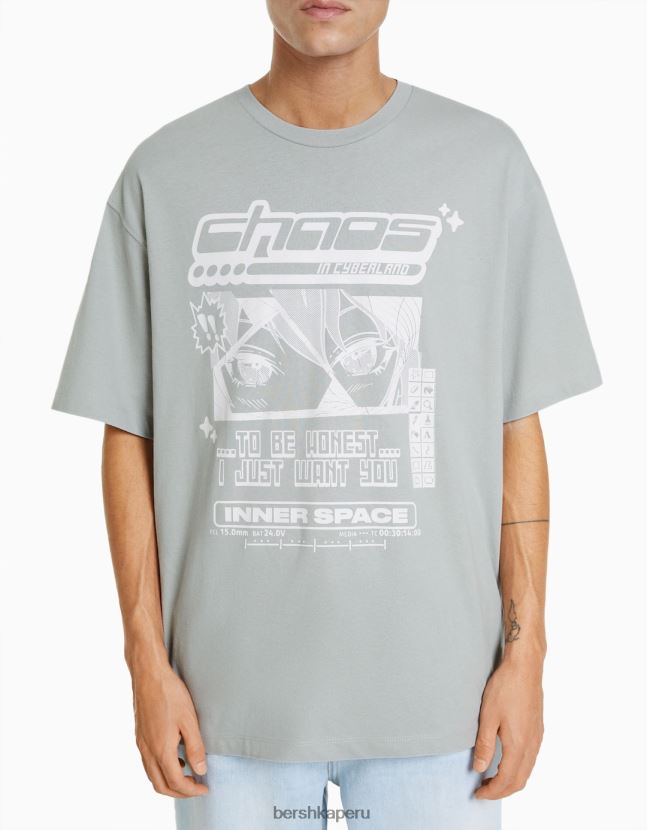 camello Bershka hombres playera de manga corta de corte cuadrado con estampado de anime de los años 90 806J6B2732