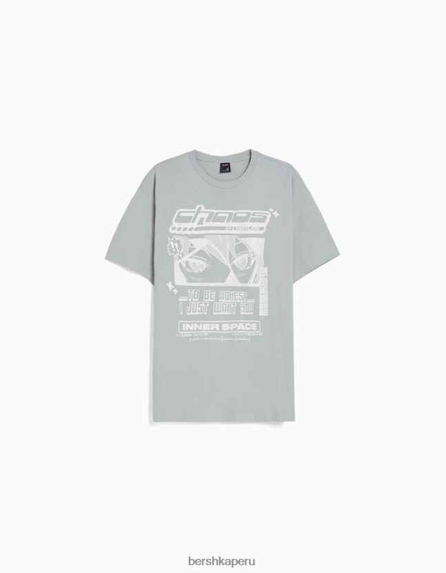 camello Bershka hombres playera de manga corta de corte cuadrado con estampado de anime de los años 90 806J6B2732