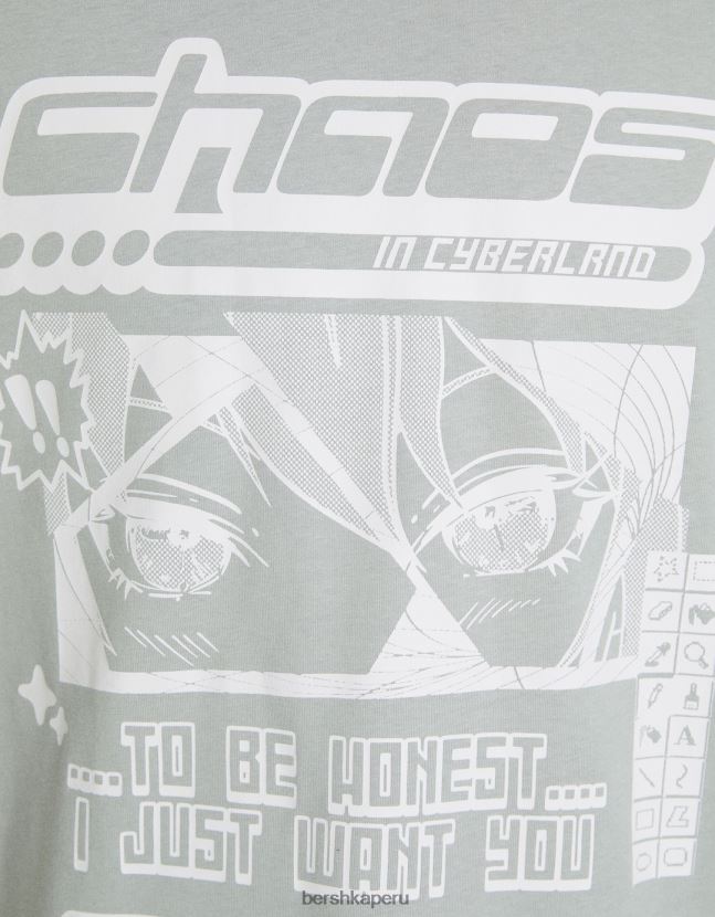 camello Bershka hombres playera de manga corta de corte cuadrado con estampado de anime de los años 90 806J6B2732