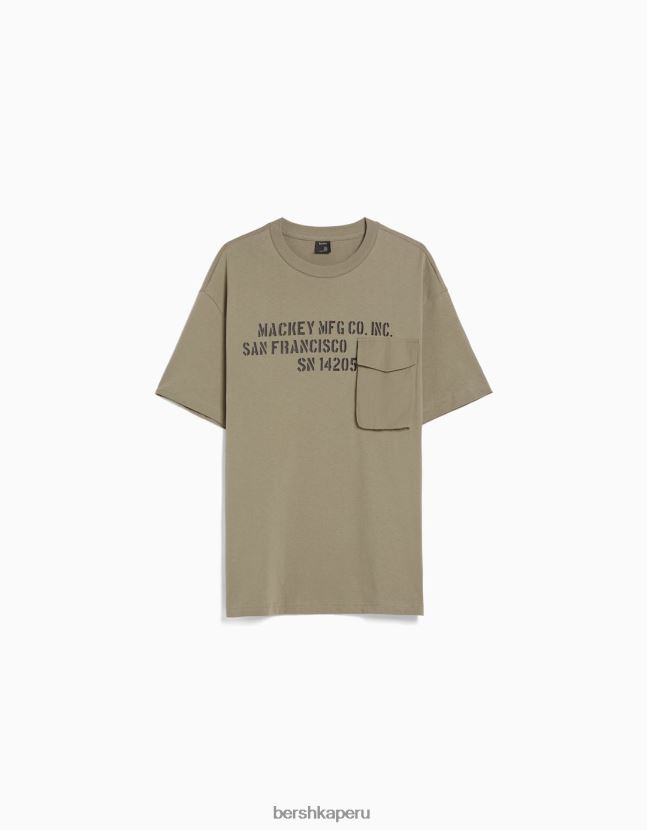 caqui Bershka hombres camiseta boxy fit de manga corta con estampado 806J6B2833