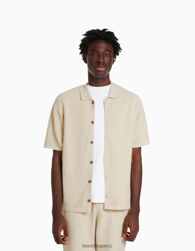 crema Bershka hombres camiseta básica de punto con textura de manga corta 806J6B2902