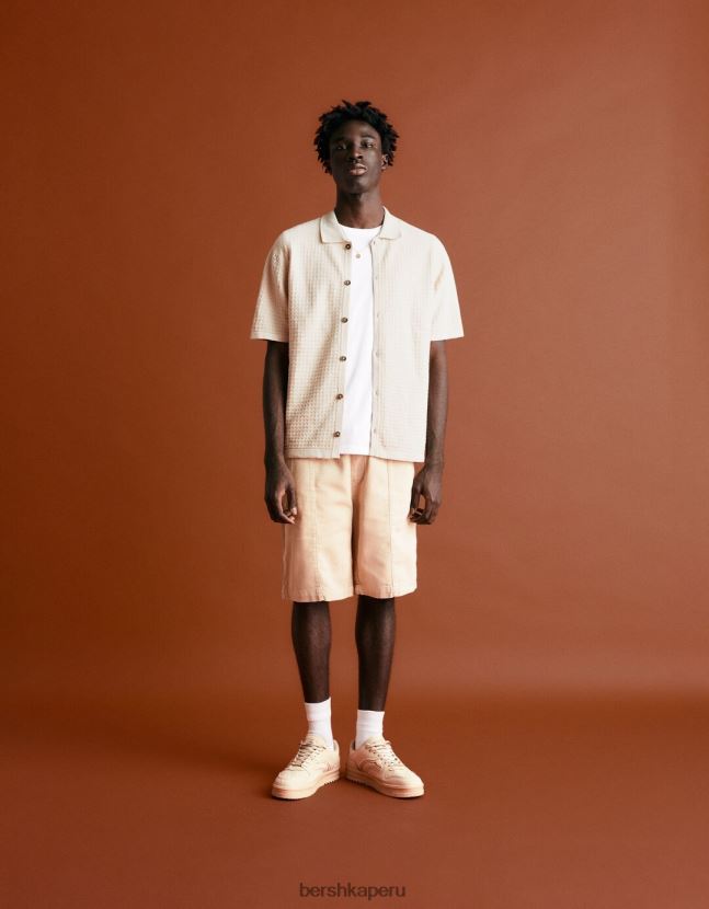 crema Bershka hombres camiseta básica de punto con textura de manga corta 806J6B2902