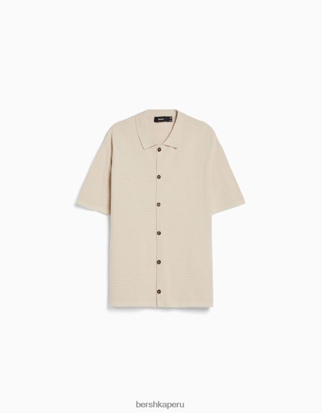 crema Bershka hombres camiseta básica de punto con textura de manga corta 806J6B2902