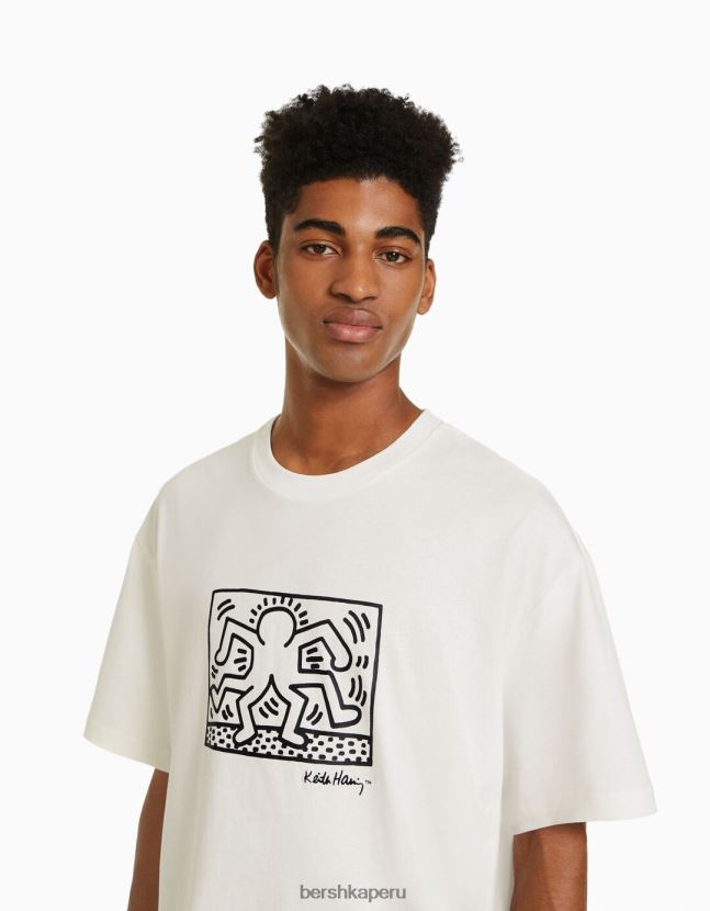 crema Bershka hombres camiseta de manga corta con estampado de keith haring 806J6B2602