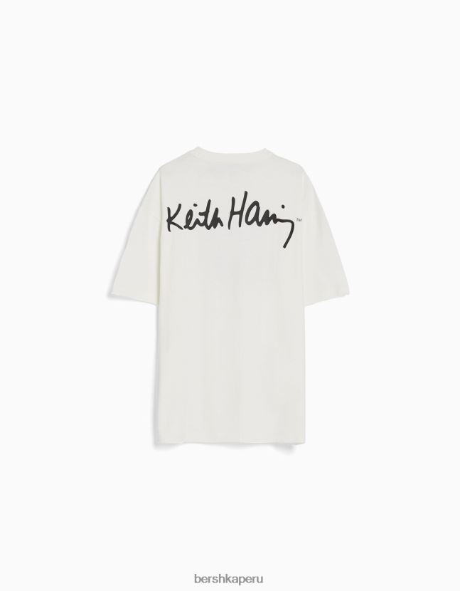 crema Bershka hombres camiseta de manga corta con estampado de keith haring 806J6B2602