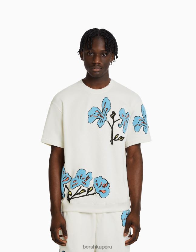 crema Bershka hombres camiseta de manga corta de felpa con parches 806J6B2731