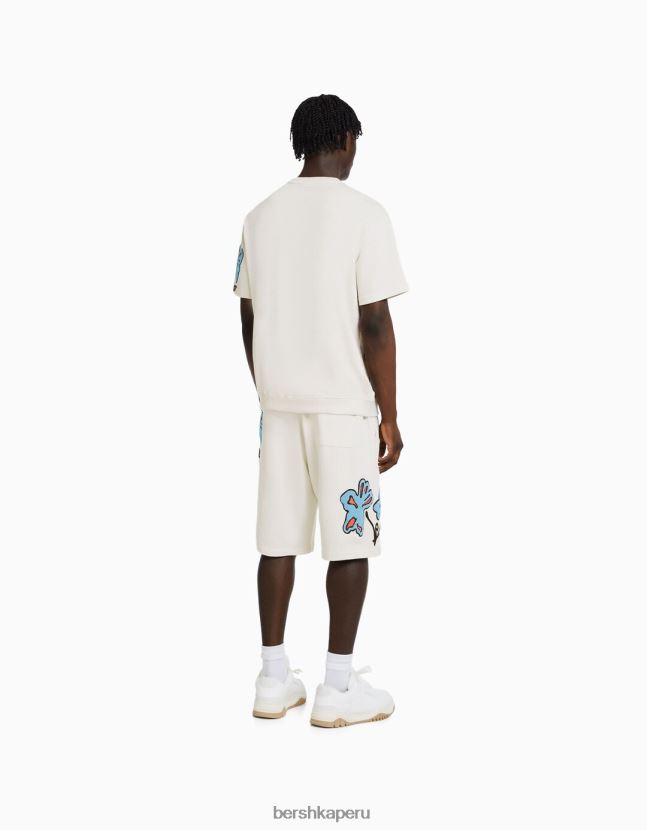 crema Bershka hombres camiseta de manga corta de felpa con parches 806J6B2731