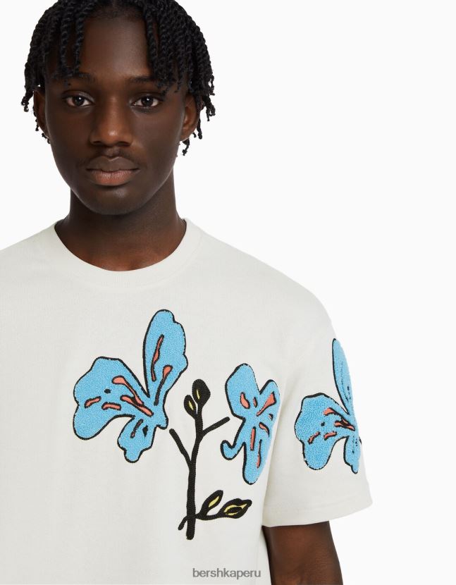 crema Bershka hombres camiseta de manga corta de felpa con parches 806J6B2731
