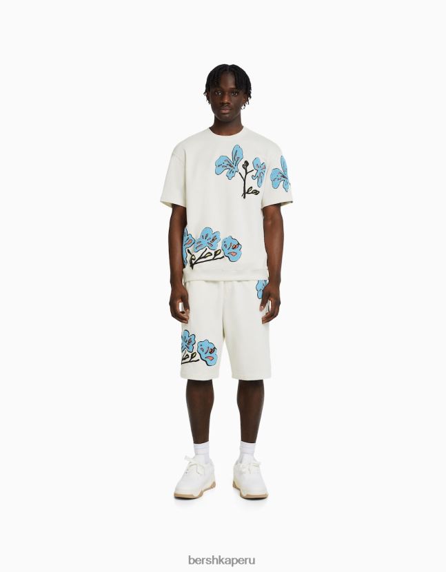 crema Bershka hombres camiseta de manga corta de felpa con parches 806J6B2731