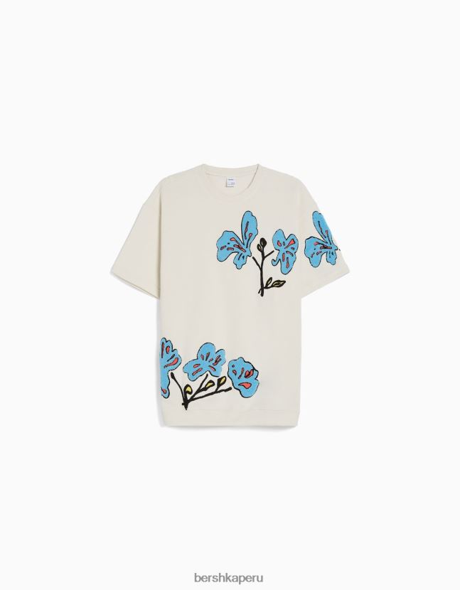 crema Bershka hombres camiseta de manga corta de felpa con parches 806J6B2731