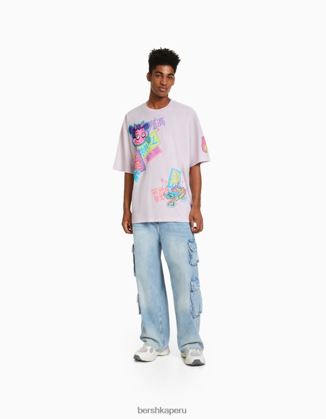exclusivo Bershka hombres camiseta extra holgada de manga corta con estampado 806J6B2608