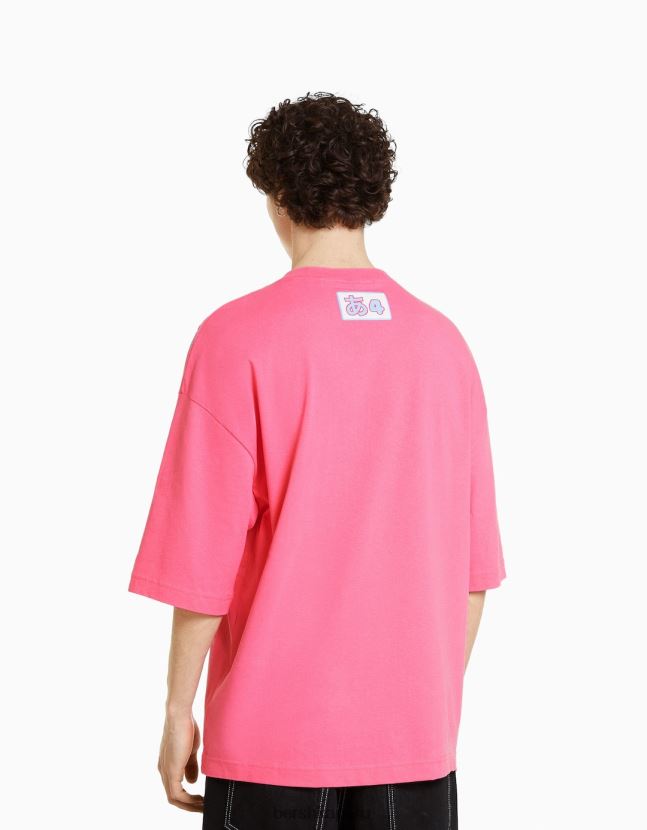 fucsia Bershka hombres camiseta estampada con mangas 3/4 806J6B2752