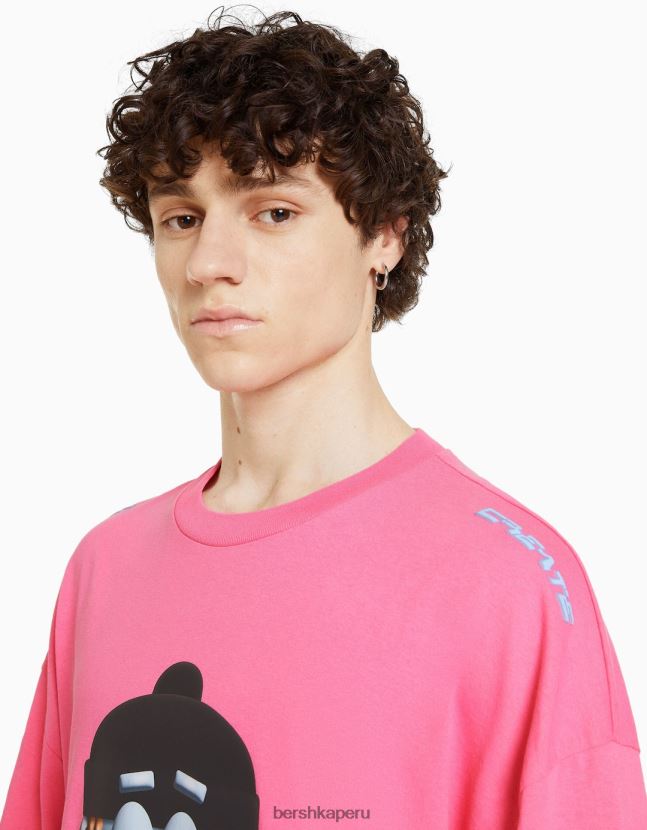 fucsia Bershka hombres camiseta estampada con mangas 3/4 806J6B2752