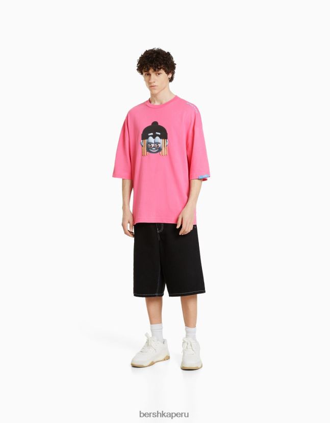 fucsia Bershka hombres camiseta estampada con mangas 3/4 806J6B2752