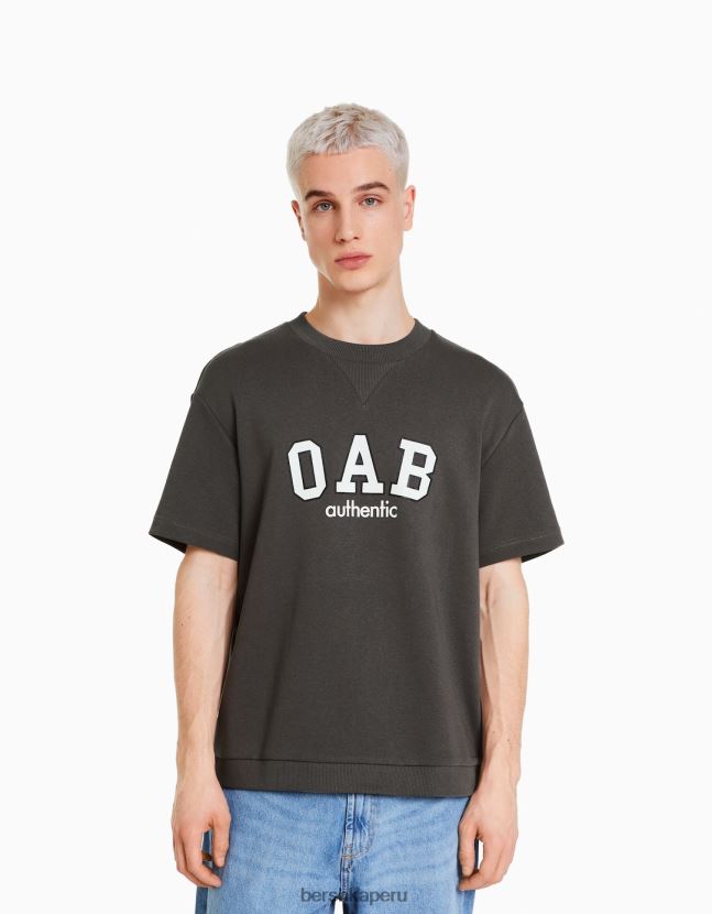 gris Bershka hombres camiseta de manga corta afelpada con estampado universitario 806J6B2764