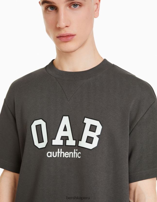 gris Bershka hombres camiseta de manga corta afelpada con estampado universitario 806J6B2764