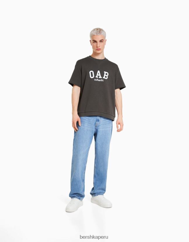 gris Bershka hombres camiseta de manga corta afelpada con estampado universitario 806J6B2764