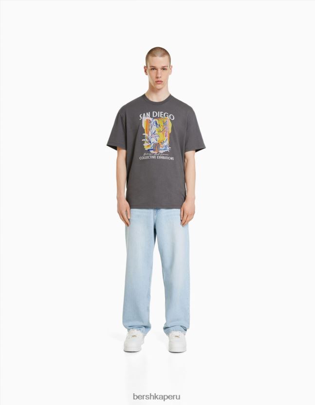 gris Bershka hombres camiseta de manga corta con estampado 806J6B2768