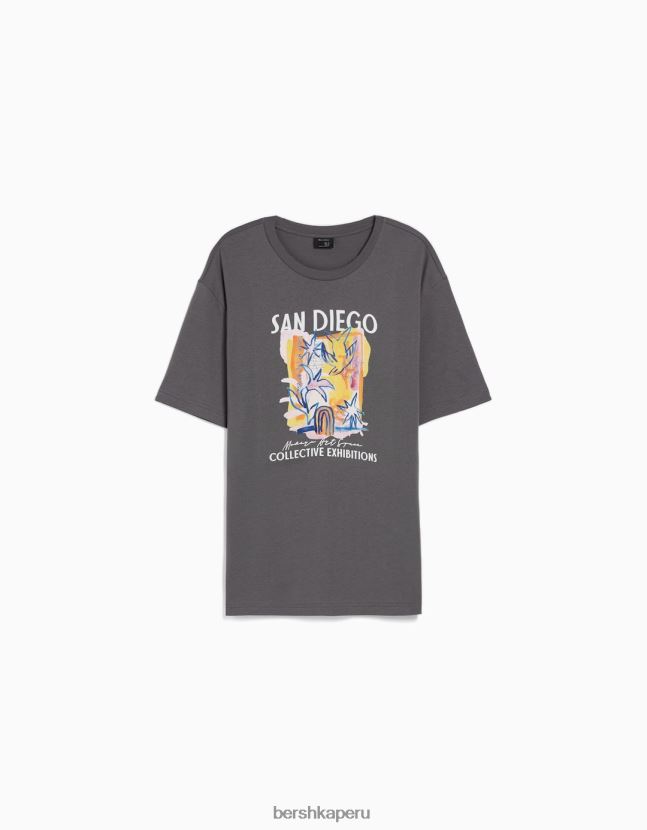 gris Bershka hombres camiseta de manga corta con estampado 806J6B2768