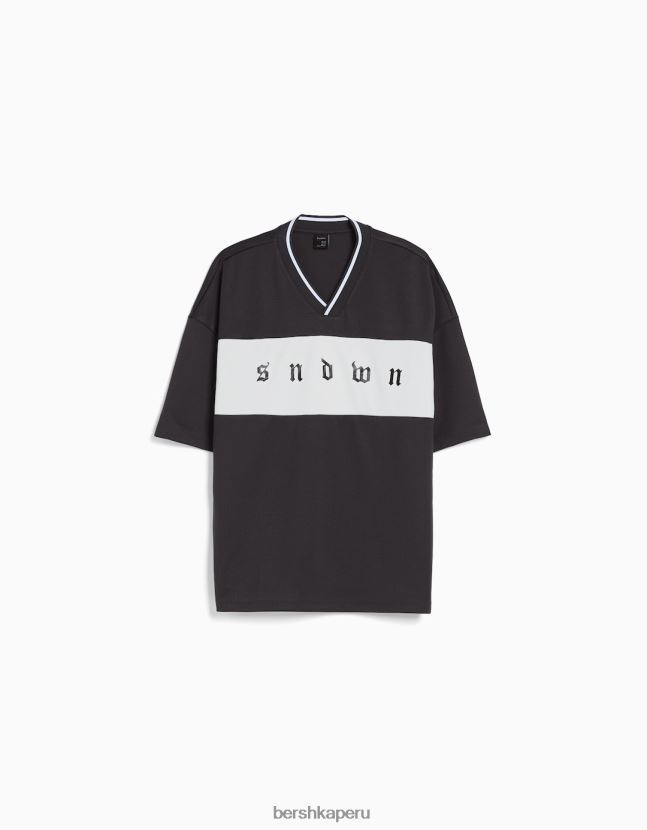 gris Bershka hombres camiseta extra holgada de manga corta con estampado de rejilla 806J6B2629