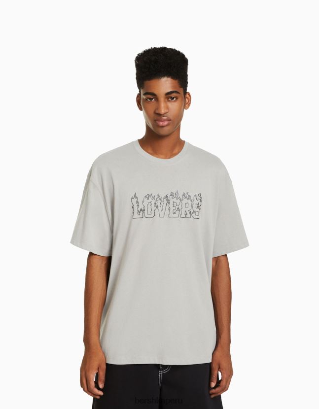 gris Bershka hombres playera de manga corta con estampado boxy fit 806J6B2609