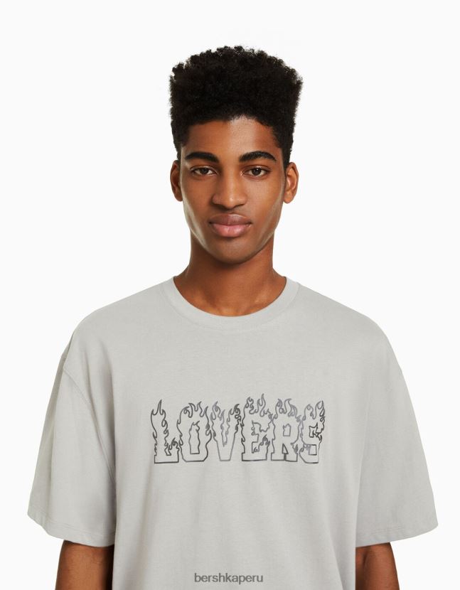 gris Bershka hombres playera de manga corta con estampado boxy fit 806J6B2609