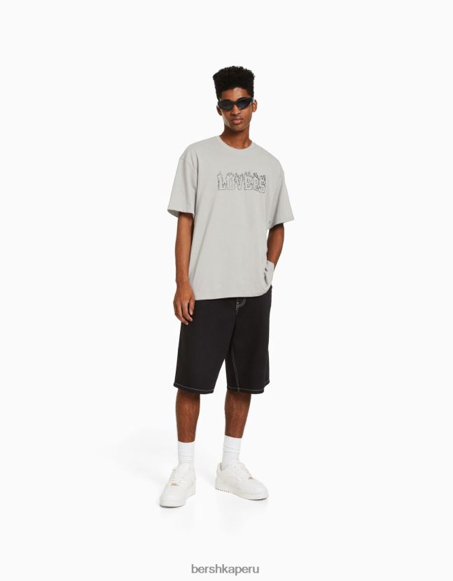 gris Bershka hombres playera de manga corta con estampado boxy fit 806J6B2609
