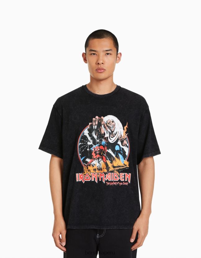 gris oscuro Bershka hombres camiseta de manga corta con estampado de doncella de hierro 806J6B2728
