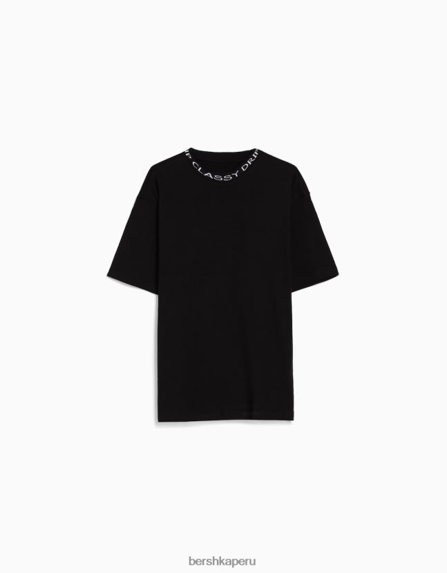 negro Bershka hombres camiseta boxy fit de manga corta con cuello estampado 806J6B2717