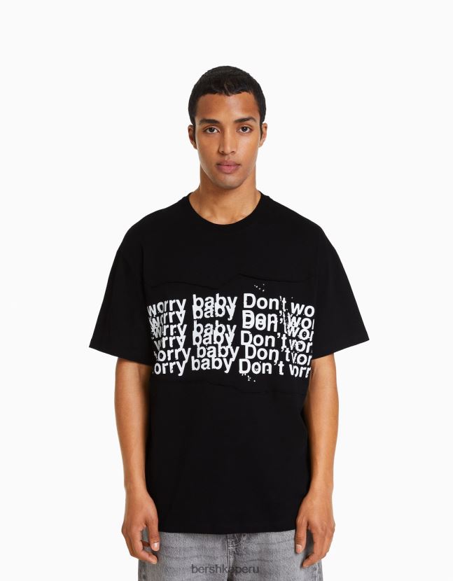 negro Bershka hombres camiseta boxy fit de manga corta con parches 806J6B2841