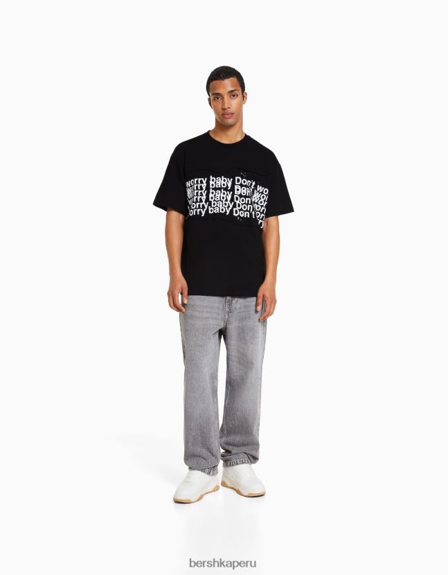 negro Bershka hombres camiseta boxy fit de manga corta con parches 806J6B2841