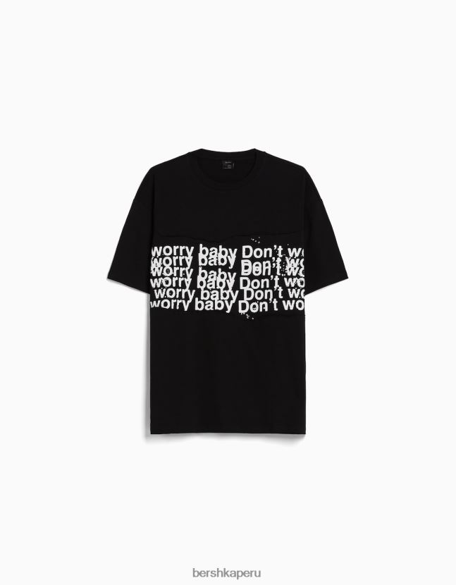 negro Bershka hombres camiseta boxy fit de manga corta con parches 806J6B2841