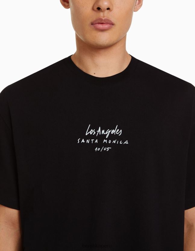 negro Bershka hombres camiseta de manga corta con estampado 806J6B2606