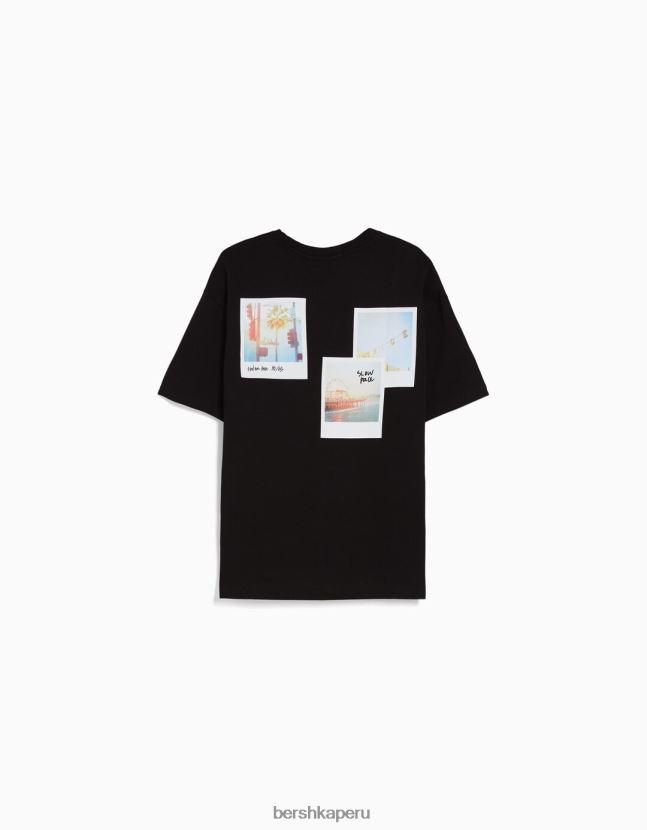 negro Bershka hombres camiseta de manga corta con estampado 806J6B2606