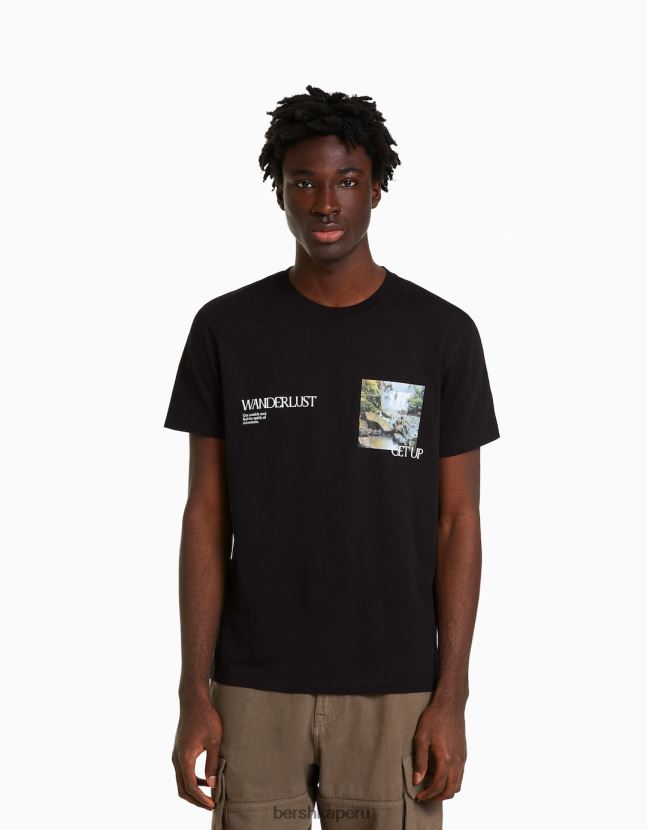 negro Bershka hombres camiseta de manga corta con estampado 806J6B2799