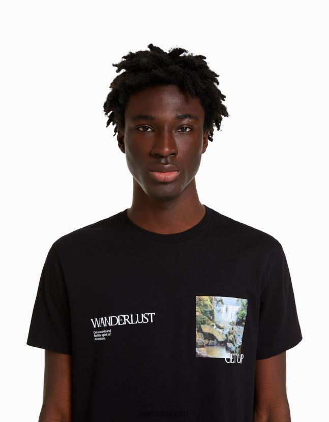 negro Bershka hombres camiseta de manga corta con estampado 806J6B2799