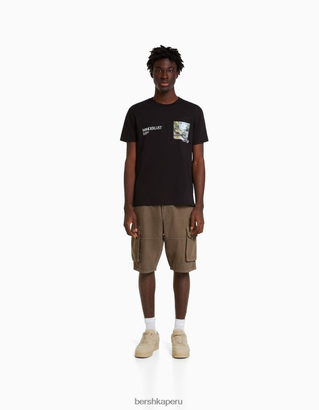 negro Bershka hombres camiseta de manga corta con estampado 806J6B2799