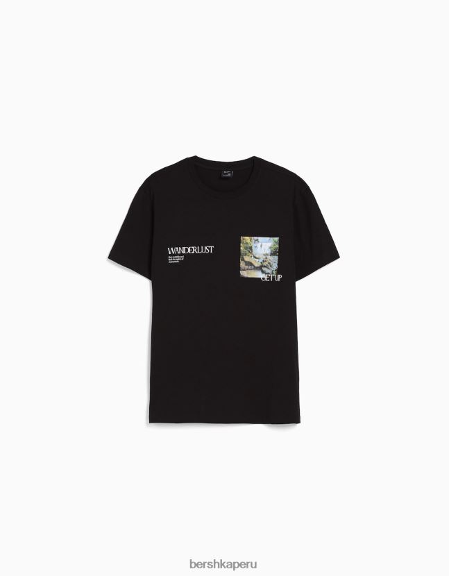negro Bershka hombres camiseta de manga corta con estampado 806J6B2799