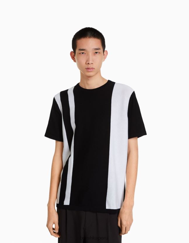 negro Bershka hombres camiseta de manga corta con estampado de rayas verticales 806J6B2705