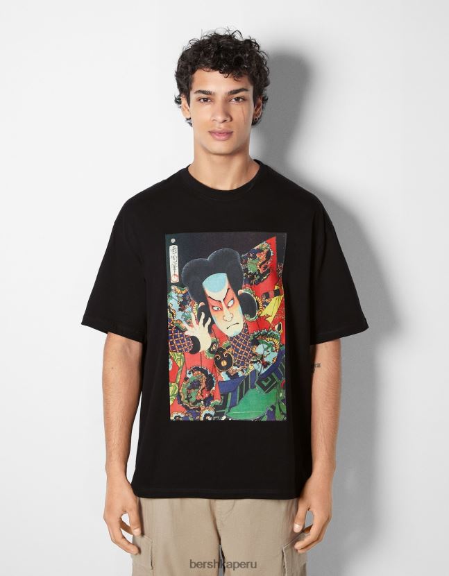 negro Bershka hombres camiseta de manga corta con estampado de serie de arte 806J6B2638