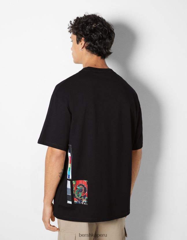 negro Bershka hombres camiseta de manga corta con estampado de serie de arte 806J6B2638