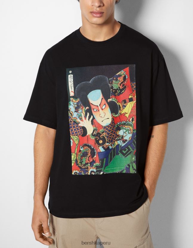 negro Bershka hombres camiseta de manga corta con estampado de serie de arte 806J6B2638