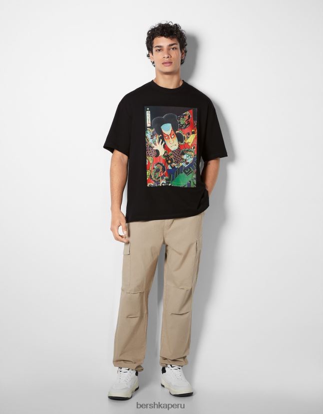 negro Bershka hombres camiseta de manga corta con estampado de serie de arte 806J6B2638